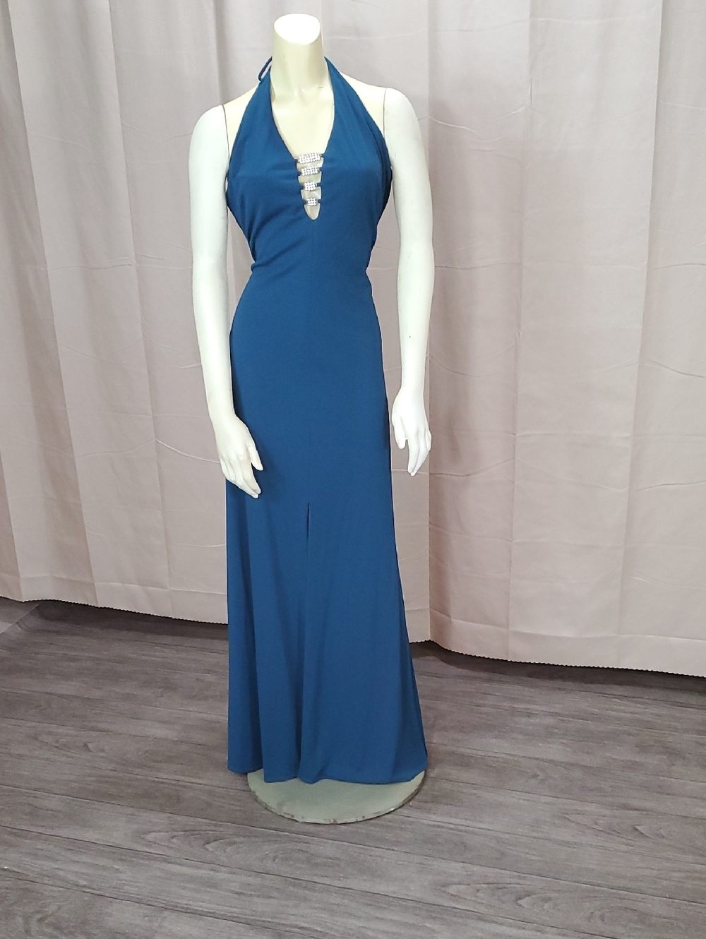Morgan & Co. Teal Halter Evening Gown with Rhinestone Placket